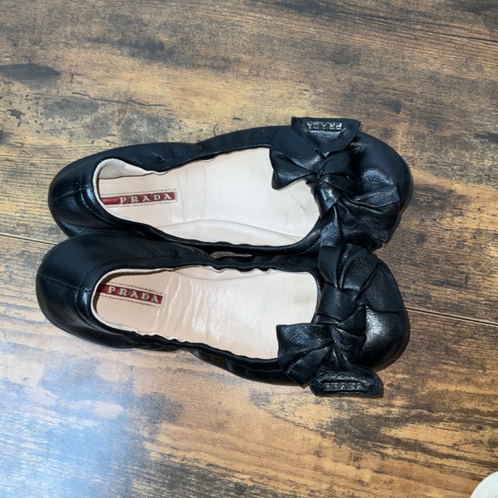 Prada Black Leather Bow Ballet Flats - Picture 9 of 12